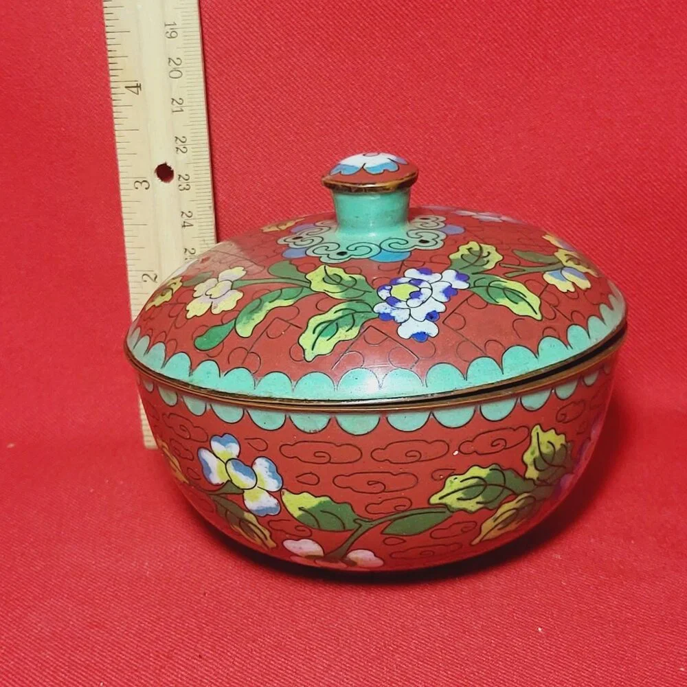 Vintage Cloisonné Brass Bowl With Lid Covered Red Dish